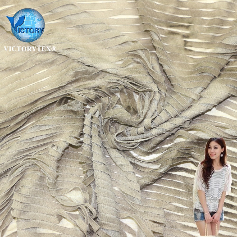 提花开口笑布针织面料扎染烫金高温水溶丝破洞布乞丐布开口笑布料