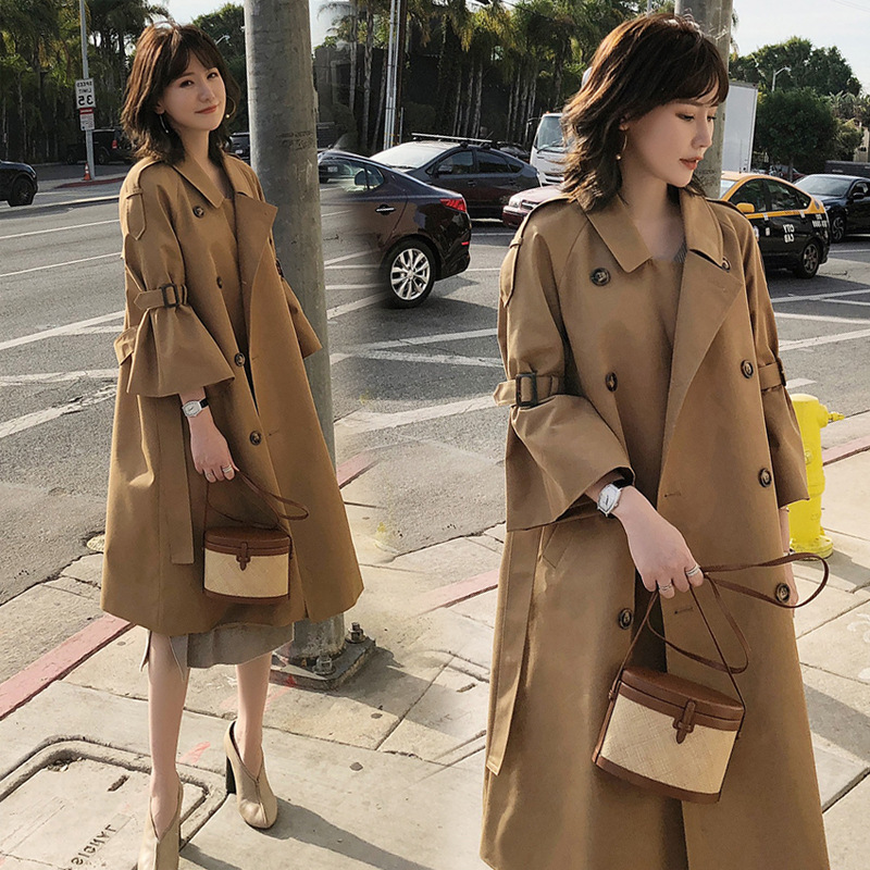 2026 Spring New Style Women's Trench Coat with Bell Sleeves, Korean Style, Mid-Length, Over-The-Knee, Loose Fit, Belted, Double-Breasted Coat