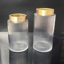 吹制竖纹铜口透明玻璃花瓶铜圈家居装饰玻璃工艺品软装摆件批发