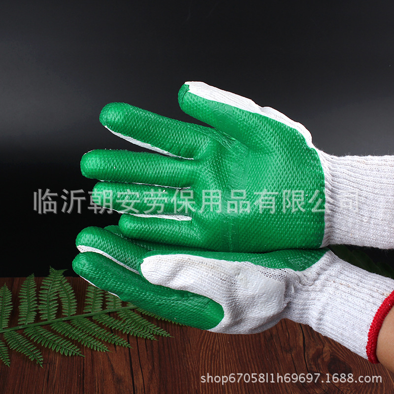 厂家挂胶劳保手套小帮手汉邦胶片手套白纱绿皮耐磨防滑手套定logo