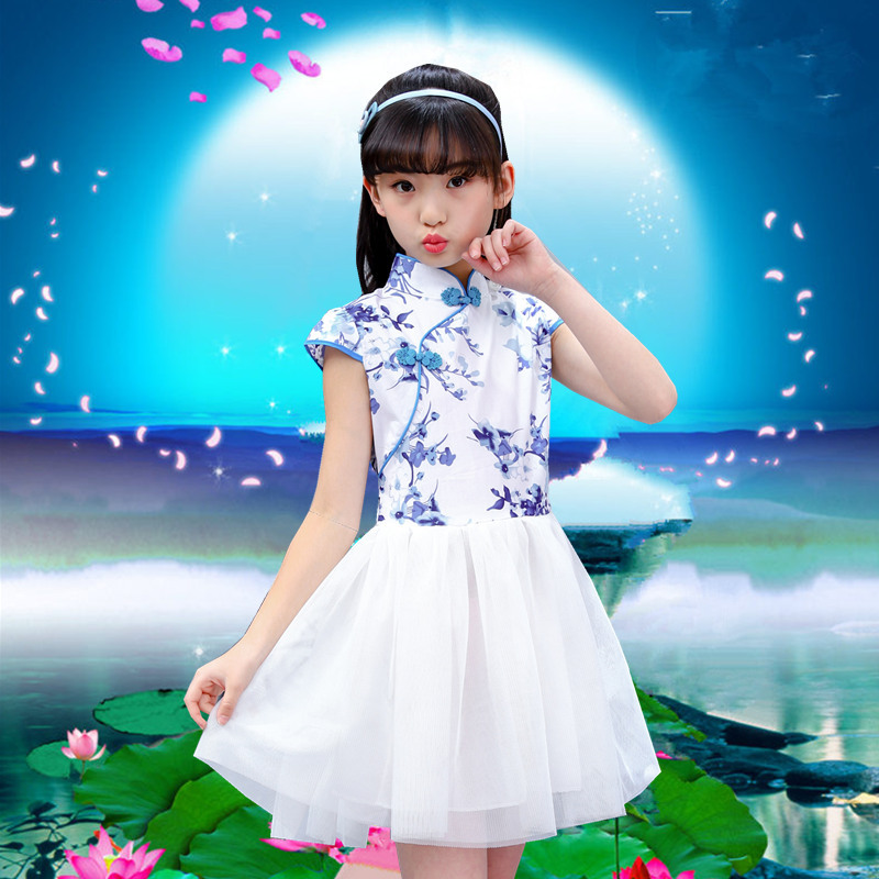 童装旗袍沙沙裙子棉布弹力棉布中大童一件代发古筝表演中国风