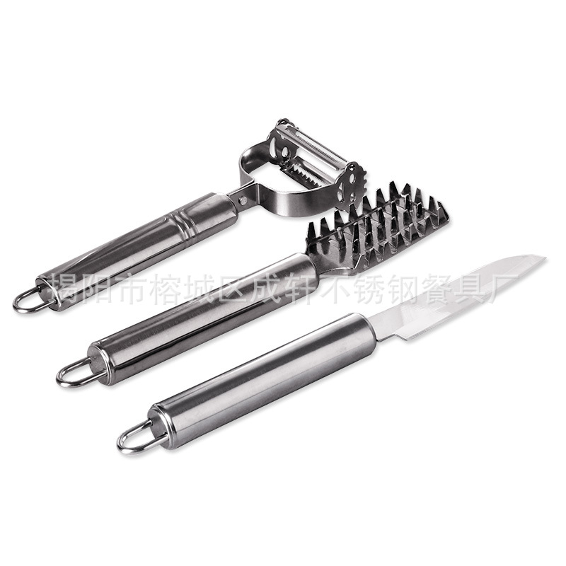 Multifuncional cuchillo de fruta de acero inoxidable pelador Escala de pescado Cepilladora de tres piezas conjunto creativo práctico traje de gadget de cocina