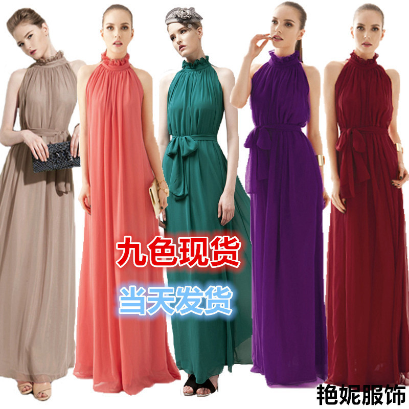 Aliexpress Hot Style Bohemian Halterneck Floor-Length Stand-Up Collar Chiffon Dress Beach Dress Extra Long Off-Shoulder Dress