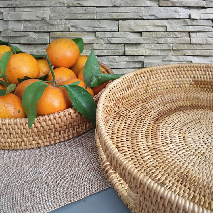 Fábrica al por mayor huafei fruta pan al vapor cesta de té caramelo merienda plato hecho a mano ratán bandeja de almacenamiento