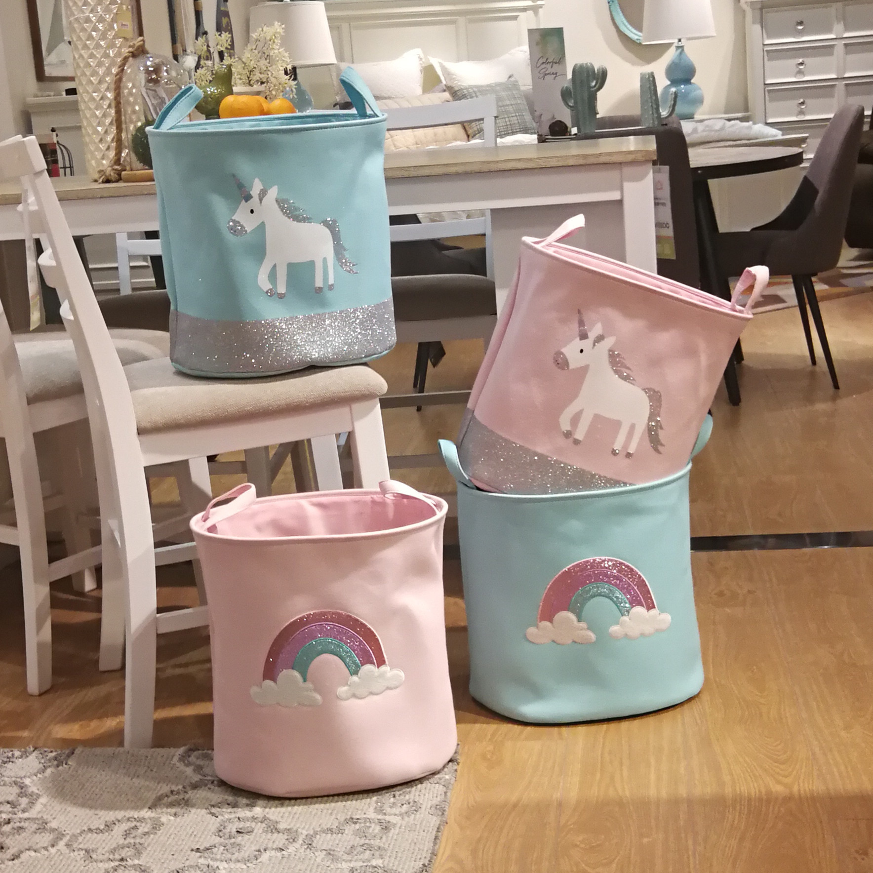 Factory Supply Cross-border Micro-commerce Live Streaming Unicorn Rainbow Canvas Storage Basket Children's Toy Storage Basket Dirty Laundry Basket