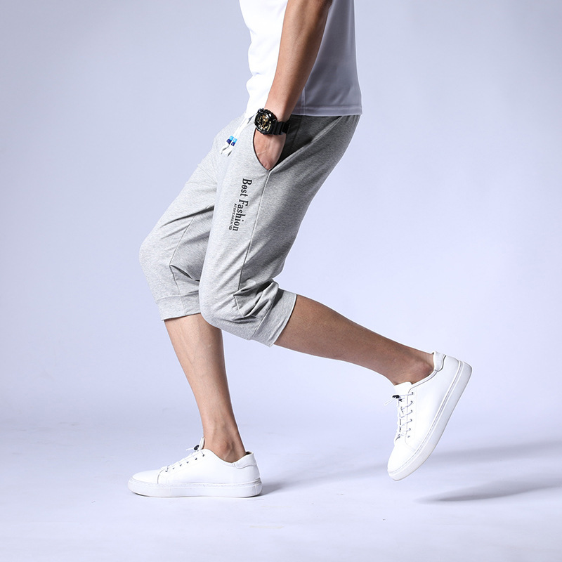 Summer Knitted Sports Pants Cropped Pants for Men and Teenagers Stretch Cotton Breathable Casual Slim Pants