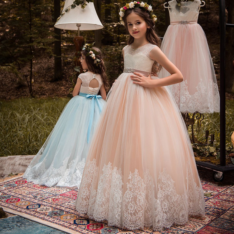 Nuevo suministro transfronterizo de ropa infantil: vestido de encaje sin mangas con cintura alta para niña, vestido de tutú de princesa para cumpleaños y actuaciones para niños.