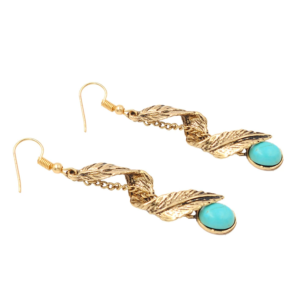 Retro Turquoise Drop Earrings, Ancient Silver Plated Leaf Dangle, Boho European Style