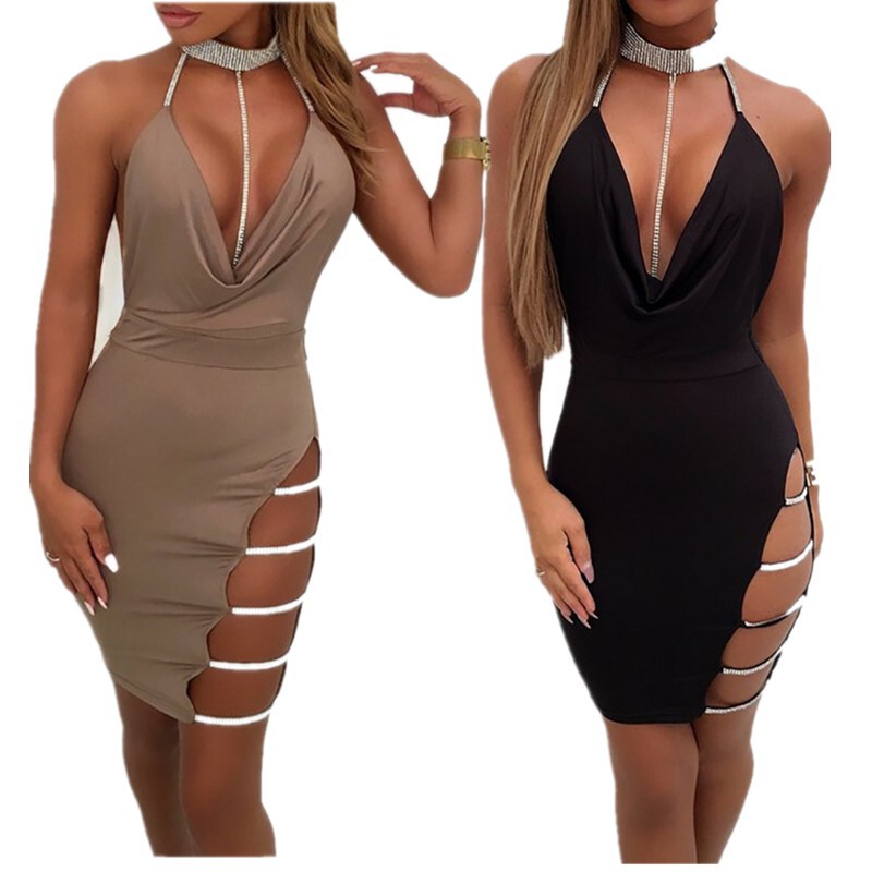 2022 European and American sexy sling jumpsuit hip skirt side slit hot rhinestone low-cut halter tight nightclub skirt in stock 2022 European and American sexy sling jumpsuit hip skirt side slit hot rhinestone low-cut halter tight nightclub skirt in stock