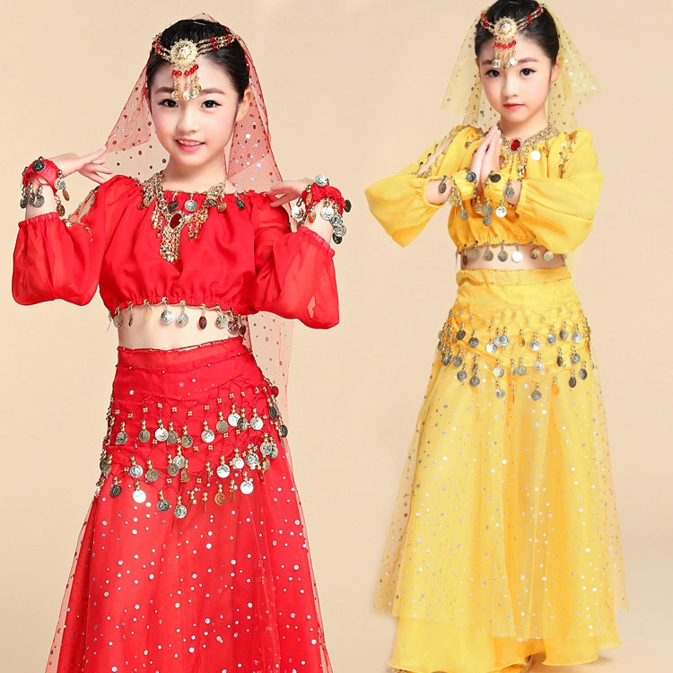 Оптовая Продажа с фабрики детская танцевальная одежда костюмы для танца живота Индийский танец синьцзянский танец Практика одежда юбка с пайетками женщины