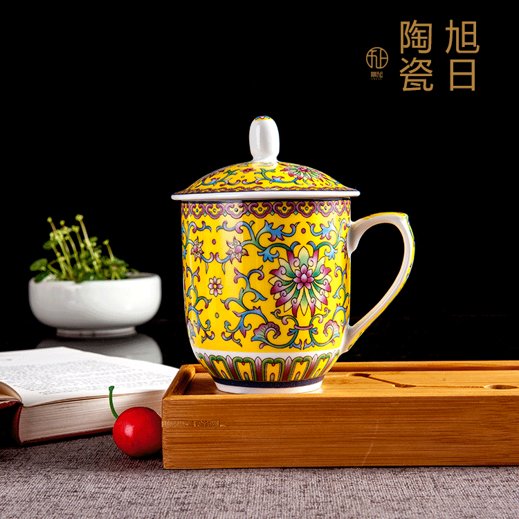 景德镇珐琅彩办公水杯带盖中式泡茶杯骨瓷子陶瓷家用办公室会议杯