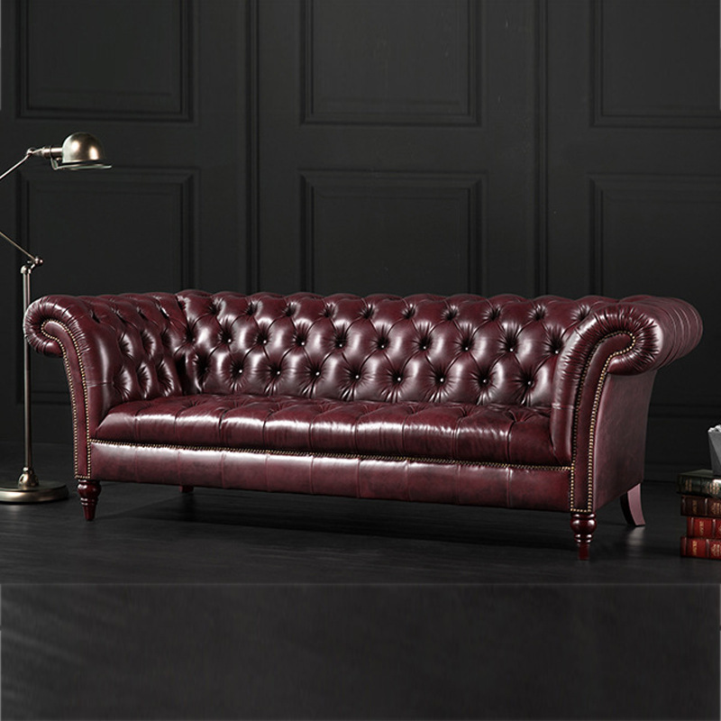 Sofá de cuero de estilo industrial americano para hotel y cafetería, combinación individual, doble o de tres plazas para sala de estar, cuero genuino vintage, lujo discreto.