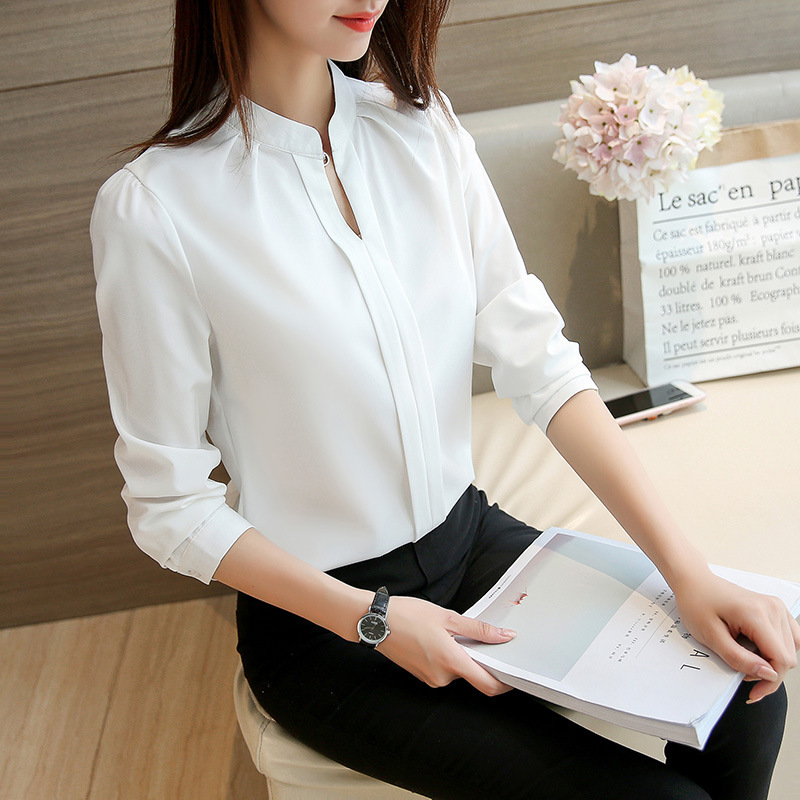 2021 Spring and Autumn New Women's Korean Style Cross V-neck Long Sleeve Base Shirt OL Slim Fit Shirt Women's Top Trendy