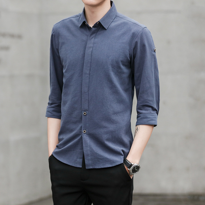 2021新款男士衬衫 男士七分袖韩版青年商务休闲纯色修身衬衣