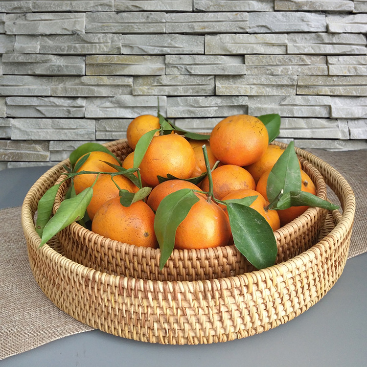 Fábrica al por mayor huafei fruta pan al vapor cesta de té caramelo merienda plato hecho a mano ratán bandeja de almacenamiento