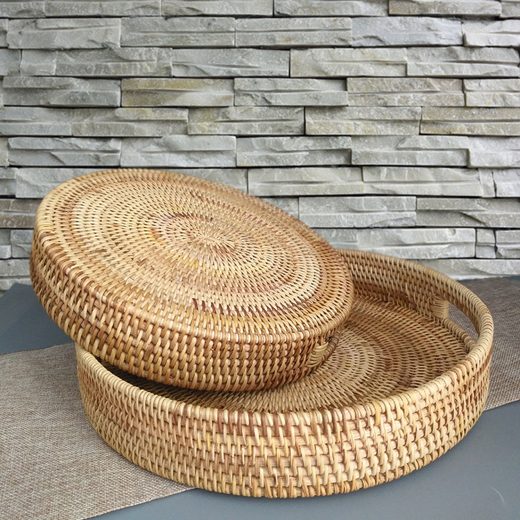 Fábrica al por mayor huafei fruta pan al vapor cesta de té caramelo merienda plato hecho a mano ratán bandeja de almacenamiento