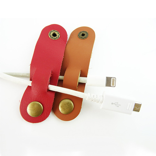 Manufacturer mobile phone data cable storage leather buckle headphone cable winder leather strap creative leather cable organizer