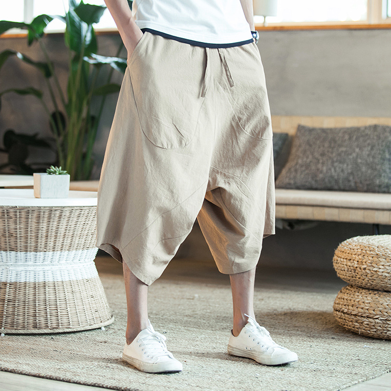 Loose Large Size Cotton and Linen Capri Pants Beach Pants Men's Large Pants Fatty Shorts Casual Wide Leg Linen Capri Pants Summer
