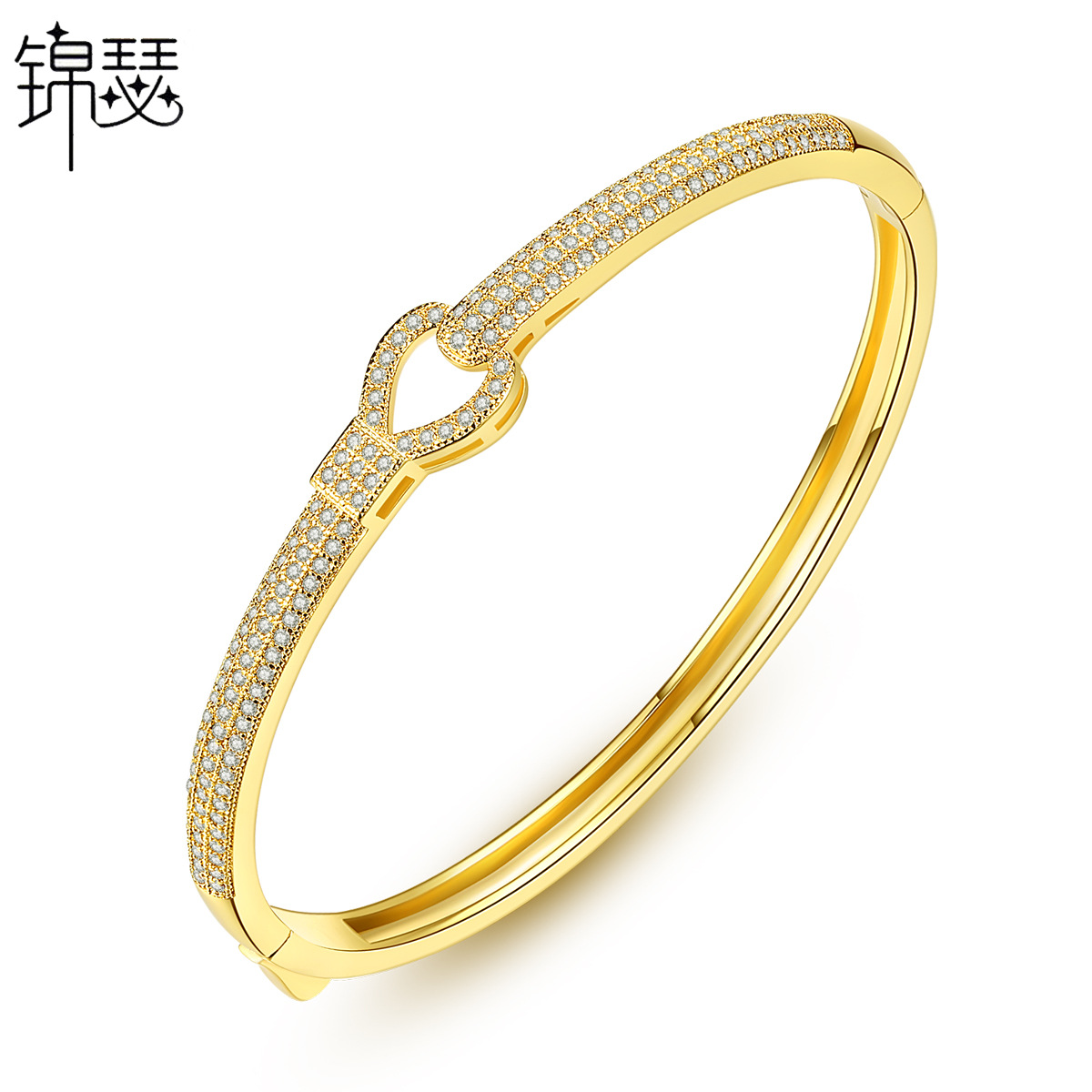 锦瑟 手镯批发铜镶水晶锆石手环欧美心形蝴蝶结女款简约圆环镯子