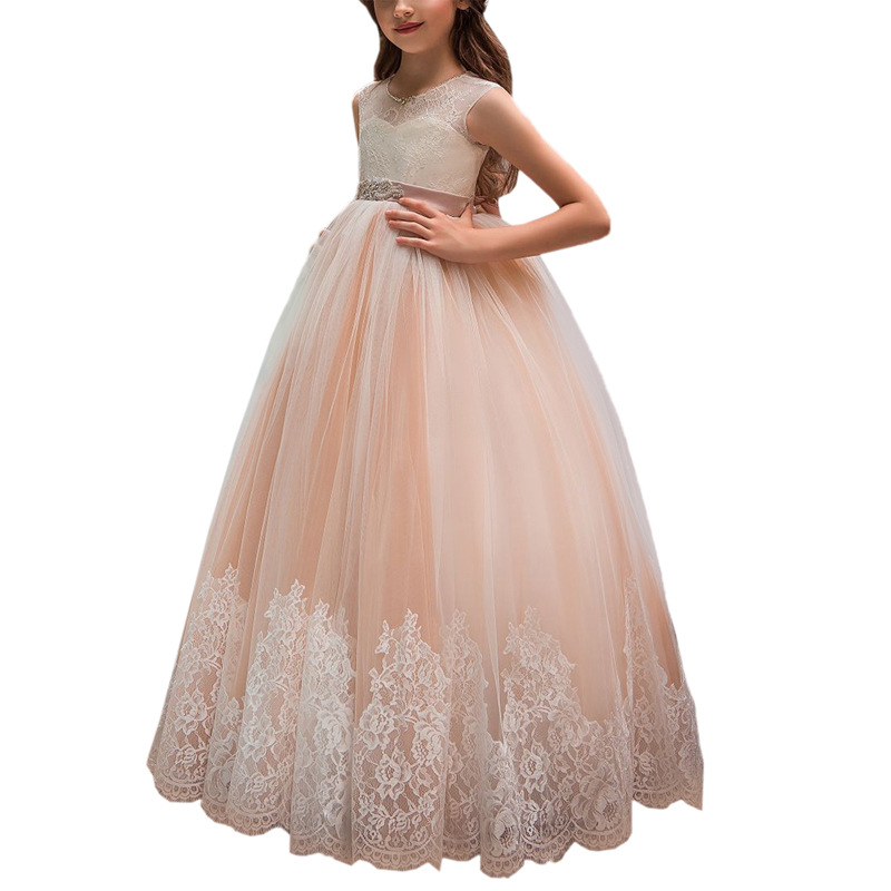 Nuevo suministro transfronterizo de ropa infantil: vestido de encaje sin mangas con cintura alta para niña, vestido de tutú de princesa para cumpleaños y actuaciones para niños.