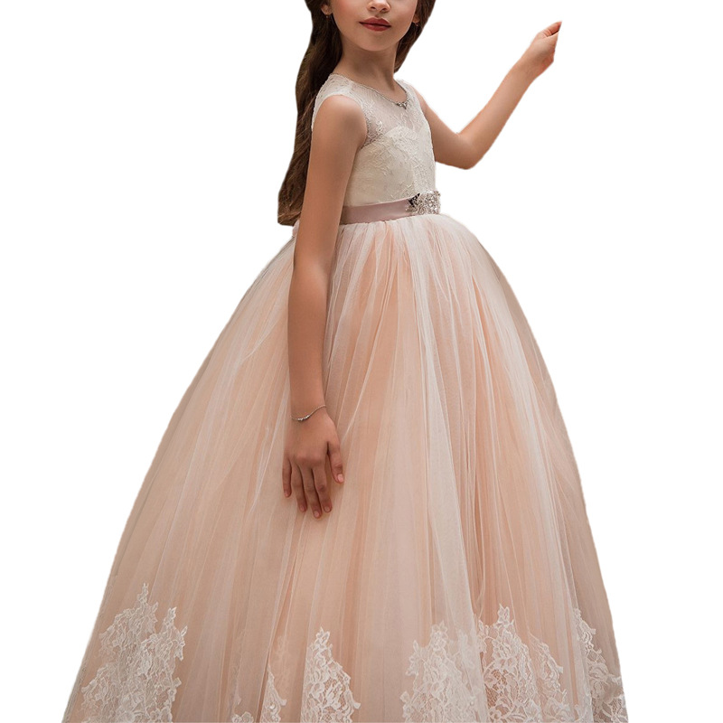 Nuevo suministro transfronterizo de ropa infantil: vestido de encaje sin mangas con cintura alta para niña, vestido de tutú de princesa para cumpleaños y actuaciones para niños.