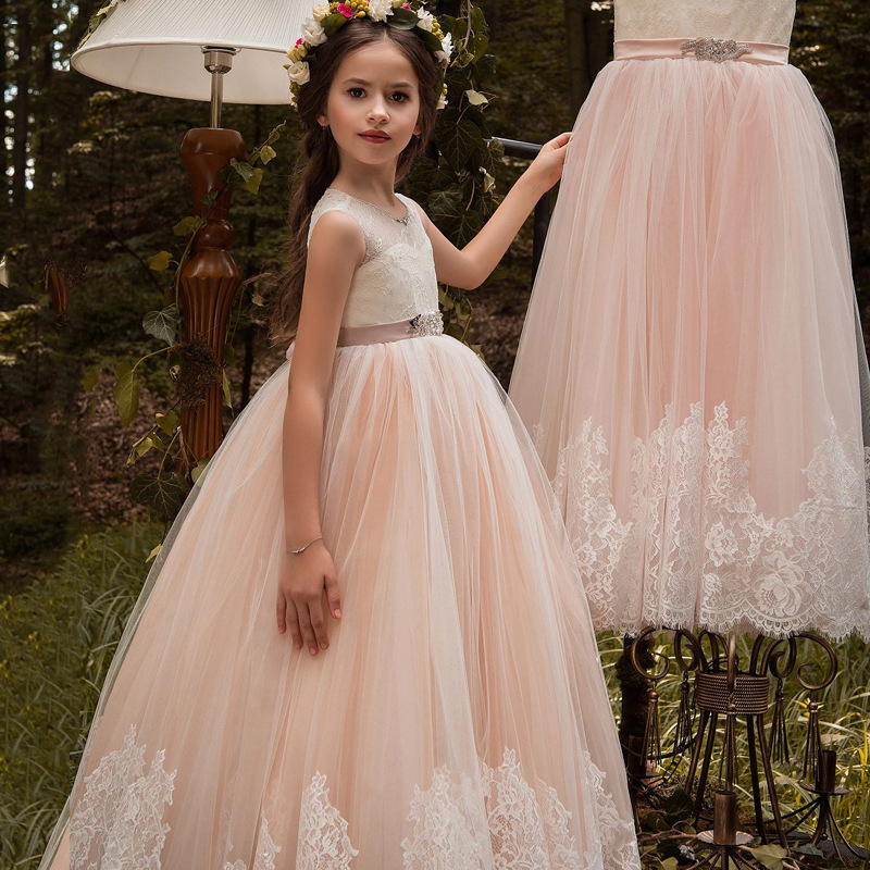 Nuevo suministro transfronterizo de ropa infantil: vestido de encaje sin mangas con cintura alta para niña, vestido de tutú de princesa para cumpleaños y actuaciones para niños.