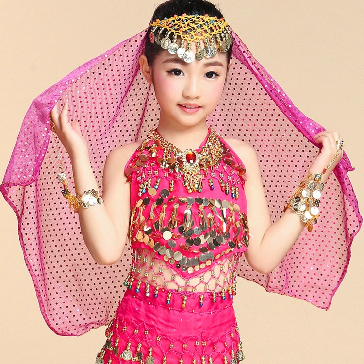  Belly dance with jewelry children's gauze scarf toss gauze scarf Indian dance veil performance silk scarf sequin tongs