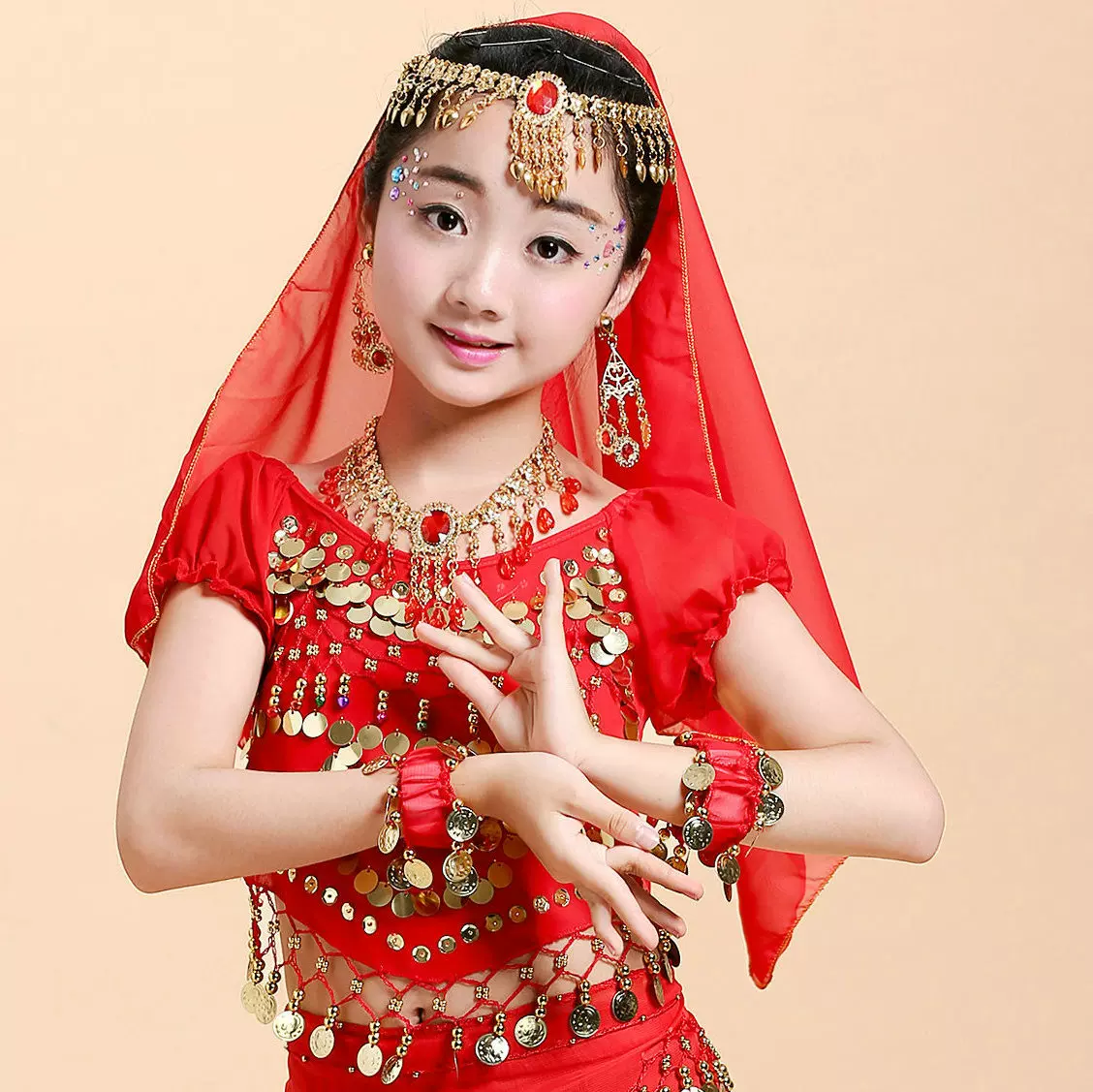 新款小孩印度舞蹈演出服配饰品儿童肚皮舞头纱巾头饰项链耳环手链