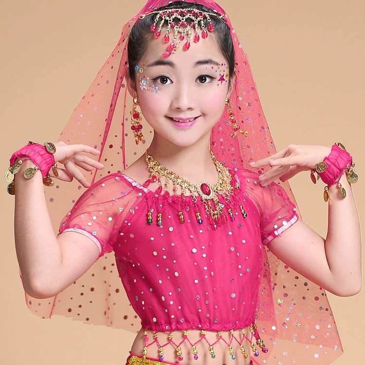 Новый Детский костюм для танца живота, костюм для индийских танцев, детский сценический костюм, топ с пайетками, детский