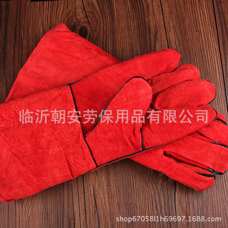 厂家全牛皮电焊手套红长牛手套双层加长加厚耐磨焊工手套定logE18