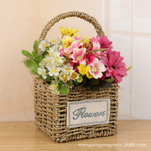 田园草编花蓝仿真花盆景花篮客厅阳台摆放花筐草编小长方花篮批发