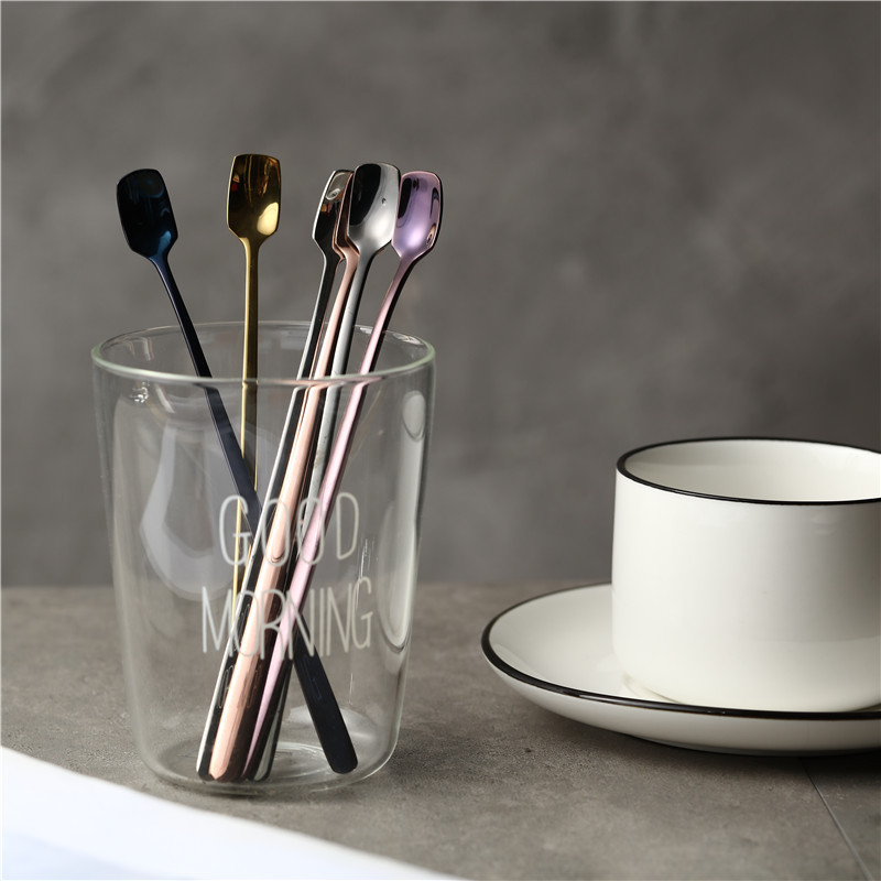Nuevo creativo 304 cabeza cuadrada de acero inoxidable cuchara de hielo postre cuchara de mango largo Coreano dorado agitación cuchara de café cuchara de ocio