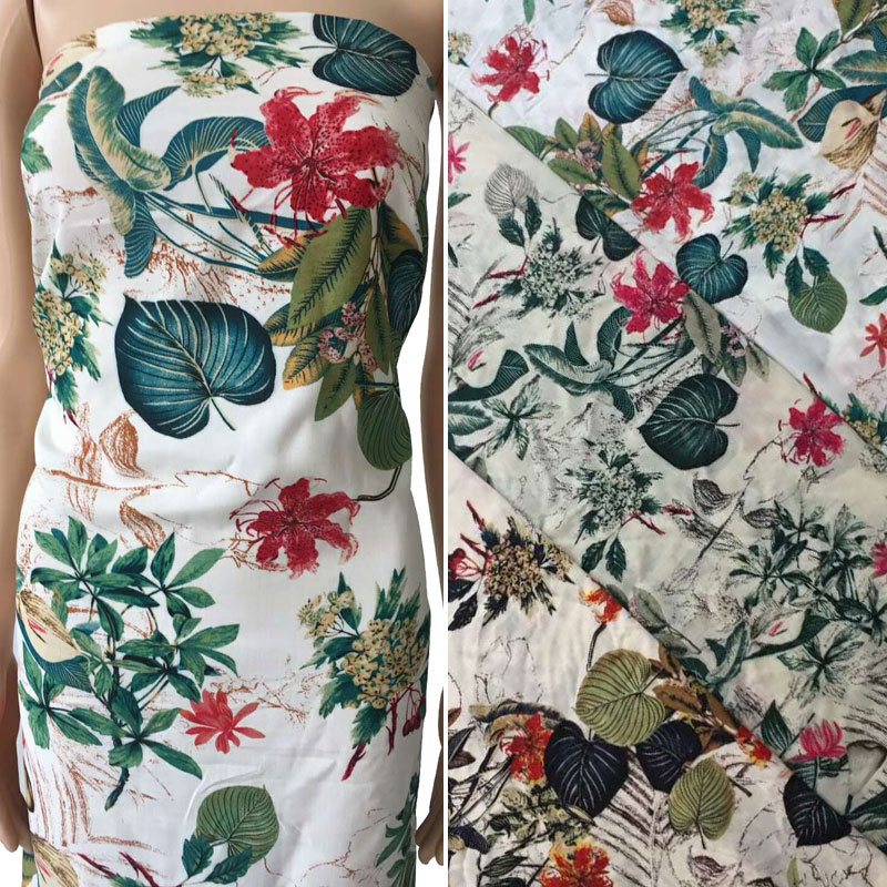 2018现货批发 45支人棉印花面料 油墨画大叶子印花服装用料 棉绸