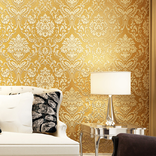 European-style 3D luxurious gold non-woven wallpaper for living room, bedroom, hotel, guesthouse, and clothing store, high-end gold foil wallpaper