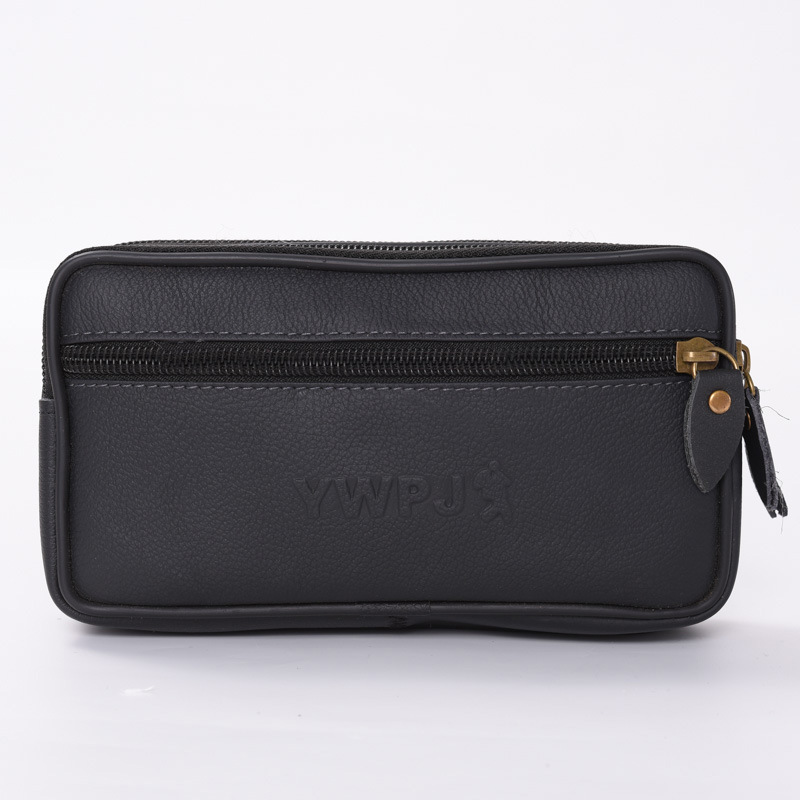 Fashion middle-aged and elderly double zipper mobile phone bag black cowhide fashion leather waist bag men manufacturers supply wholesale