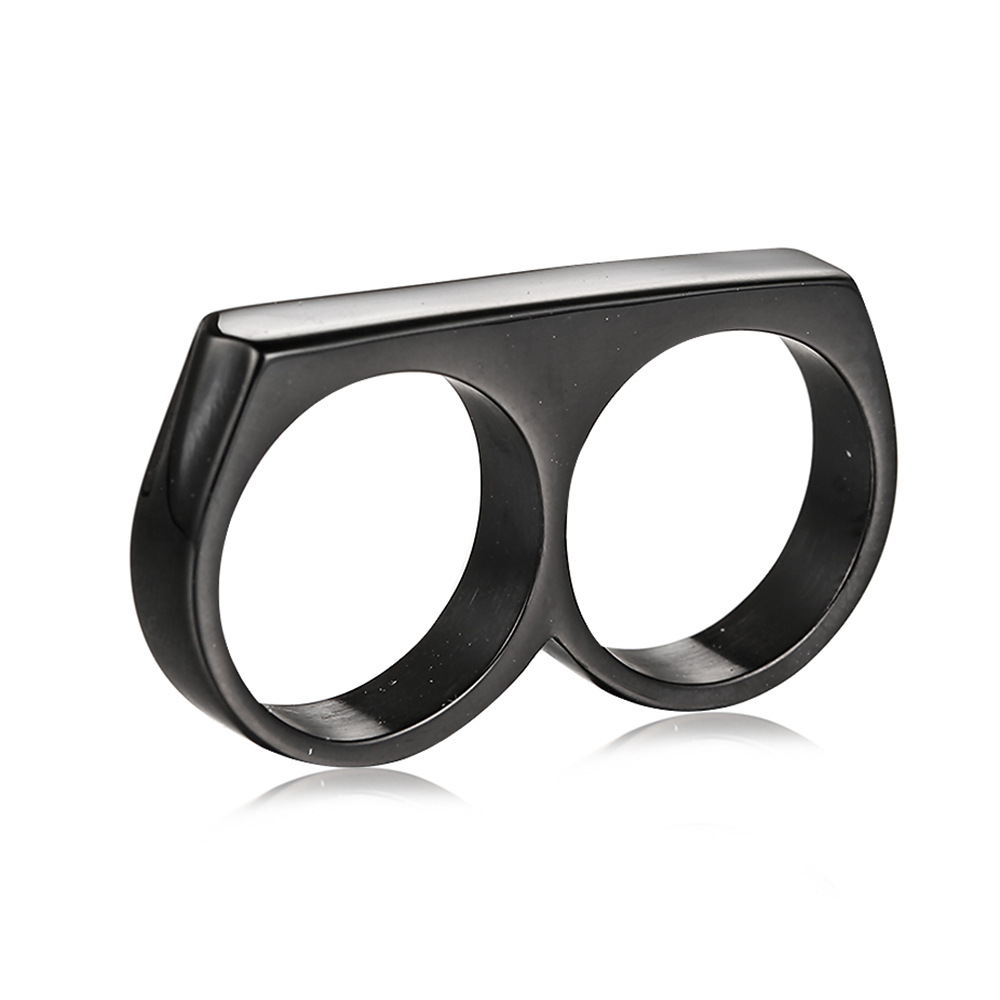 European and American stainless steel double finger double ring hip hop glossy titanium steel ring factory direct sales