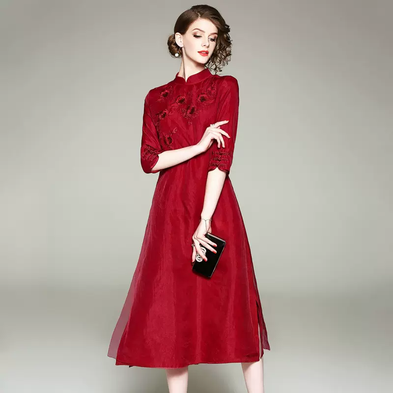 长期供货改良旗袍夏季礼服刺绣新款妈妈时尚裙子一件代发汉服批发