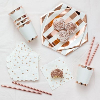 Hot Rose Gold Hexagon Striped Paper Tray Paper Cup Tissue Straw Birthday Party Disposable Party Tableware suit