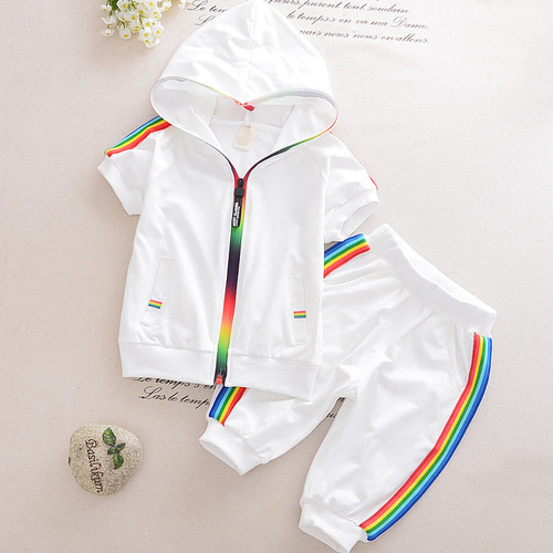Korean style new sports suit for boys and girls, summer short-sleeved baby hooded zipper shirt, black and white two-piece suit trendy