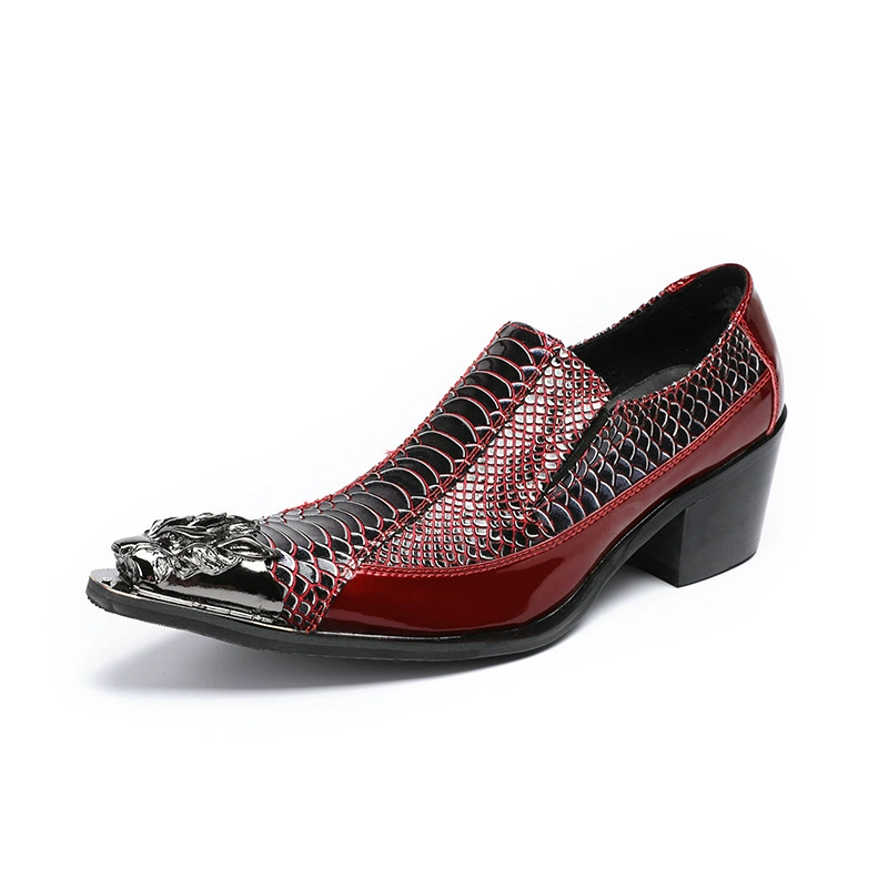 2018 новые модные мужские туфли с железным носком и драконом, Мужские Молодежные банкетные кожаные туфли без шнуровки, модные туфли на высоком каблуке с острым носком