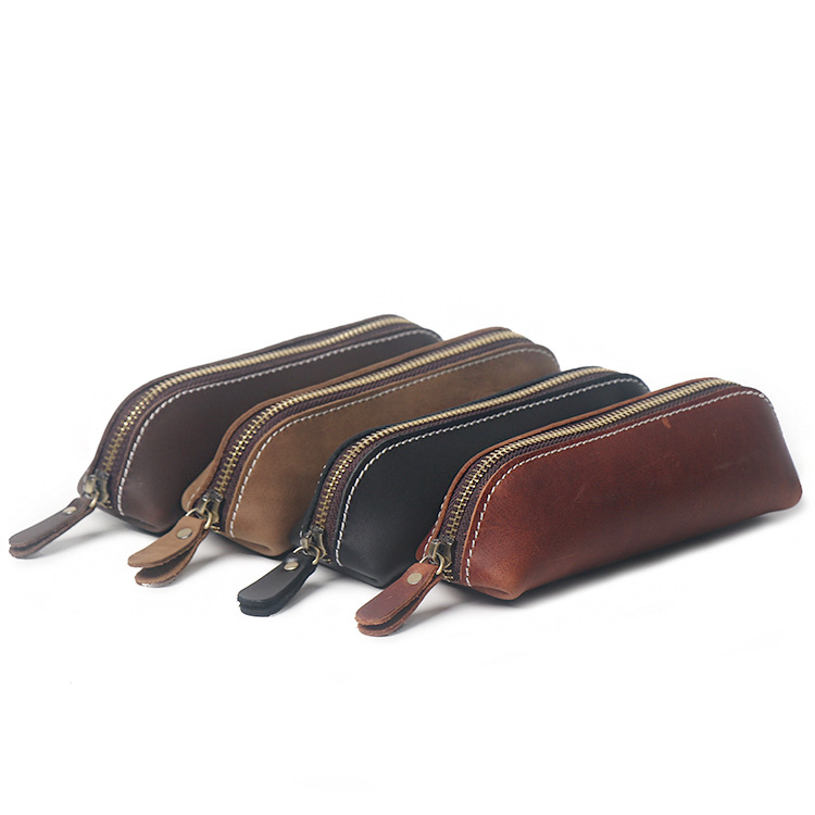 De una sola pieza de la entrega Nueva Primera capa de piel de vaca caja de lápiz estudiante bolsa de papelería de oficina de cuero genuino bolso de la llave simple de cuero de Caballo Loco