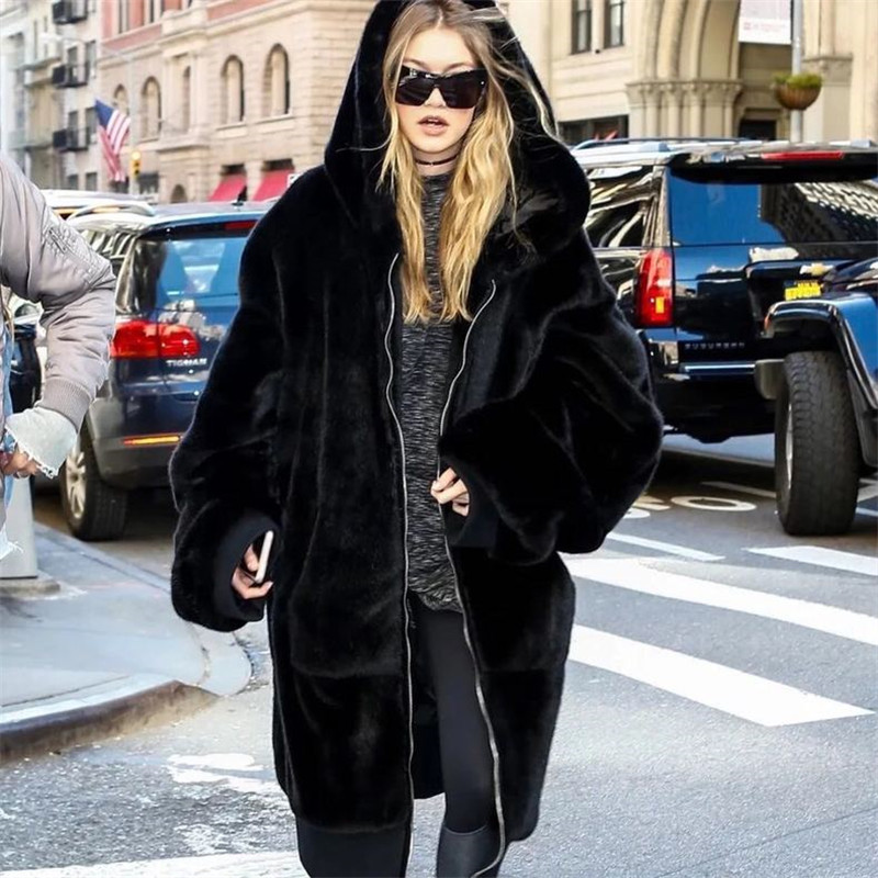 Factory wholesale spring and autumn Europe and the United States loose imitation fur coat women hooded long large size imitation rabbit fur coat