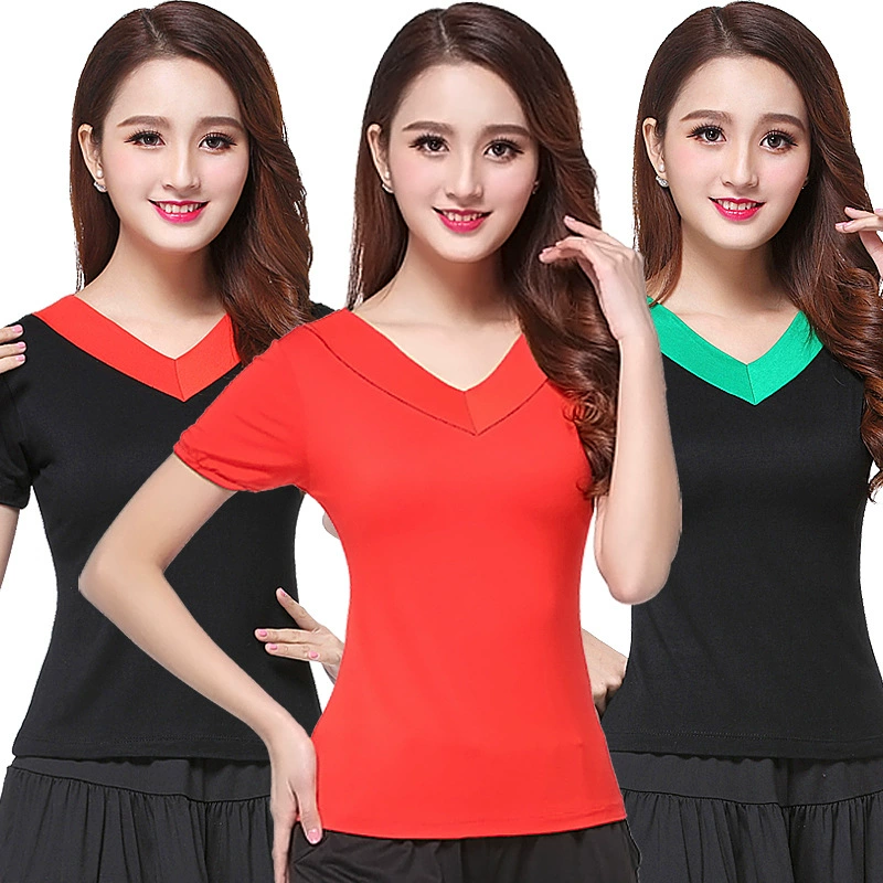 Квадратная танцевальная одежда новая куртка летняя Одиночная V-образная воротник с коротким рукавом Модальная танцевальная одежда костюм в киоске оптом
