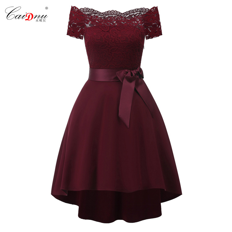 亚马逊热卖新款性感短袖蕾丝一字领修身拼接不规则连衣裙批发时尚