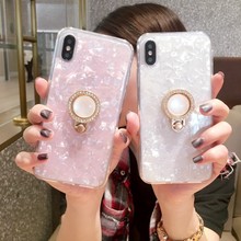 适用iphone15贝壳手机壳7珍珠宝石保护套12mini指环支架猫眼石壳8