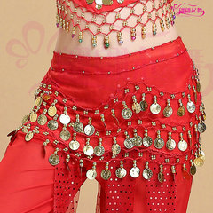 New dance clothes belly dance waist chain belt 128 coins chiffon yoga Indian dance performance practice waist chain accessories