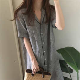 615一件代发2025夏新款韩国chic风翻领条纹宽松中长款短袖衬衫裙