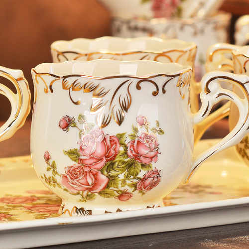 Creative Home British Style Ceramic Coffee Cup and Saucer Set with 2 Cups and 2 Saucers Afternoon Tea Cups with Stand and Spoon