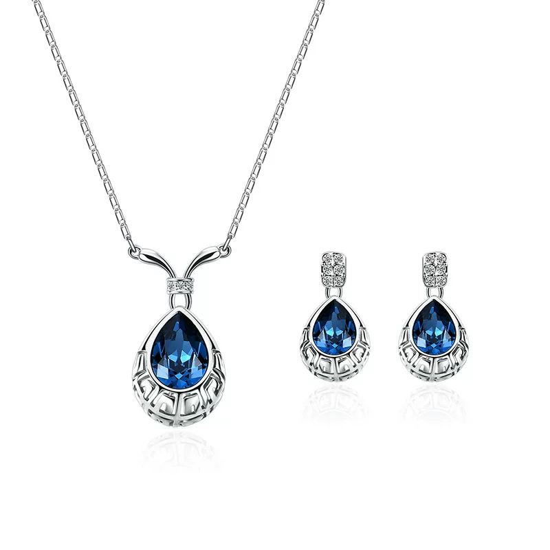 Модная металлическая синяя zirconia, серьги, ожерелье, украшение, аксессуар, европейский стиль, простой и элегантный дизайн, с камнем, без указания площадки