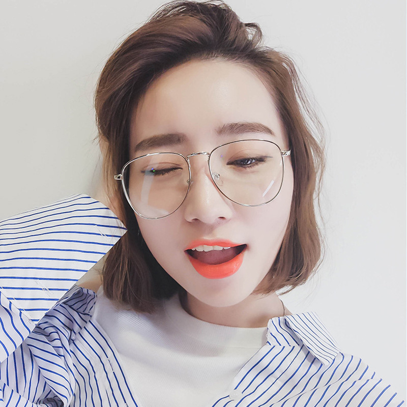 Internet Celebrity Same Style Glasses Street Photograph Large Frame Big Face Glasses Frame Women's Retro Metal Round Flat Glasses Frame Glasses